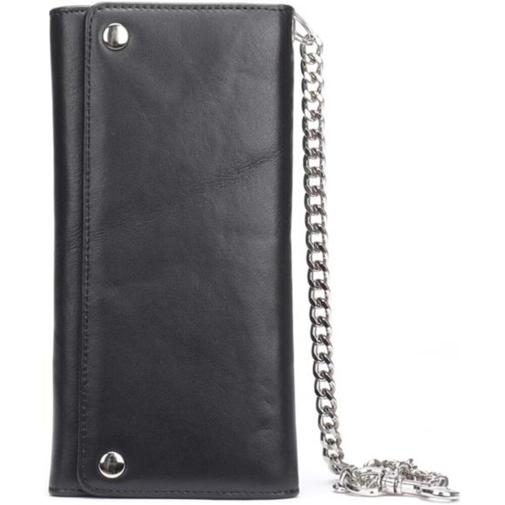 Genuine Leather Trifold Wallet with Chain, Biker Trucker wallet